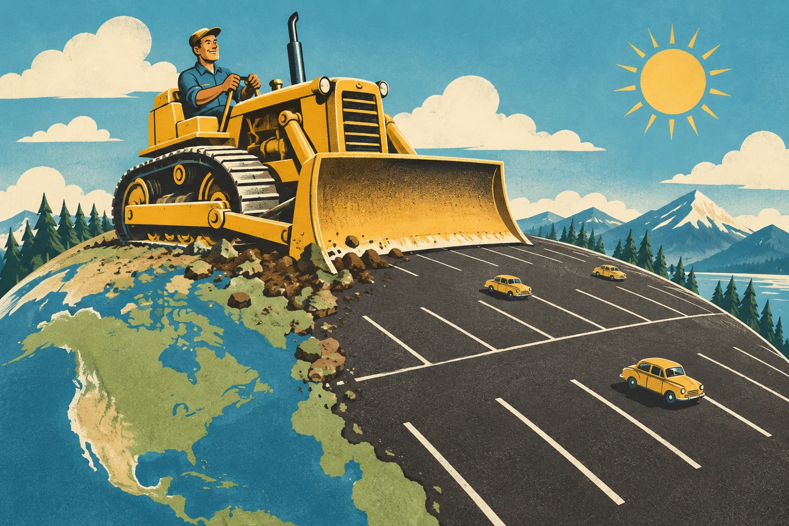 Vintage-style illustration of a giant yellow bulldozer turning the Earth into a striped parking lot.
